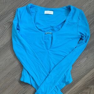 Meshki Bright Blue Long Sleeve Thong Bodysuit never worn no tags, size XS Nylon
